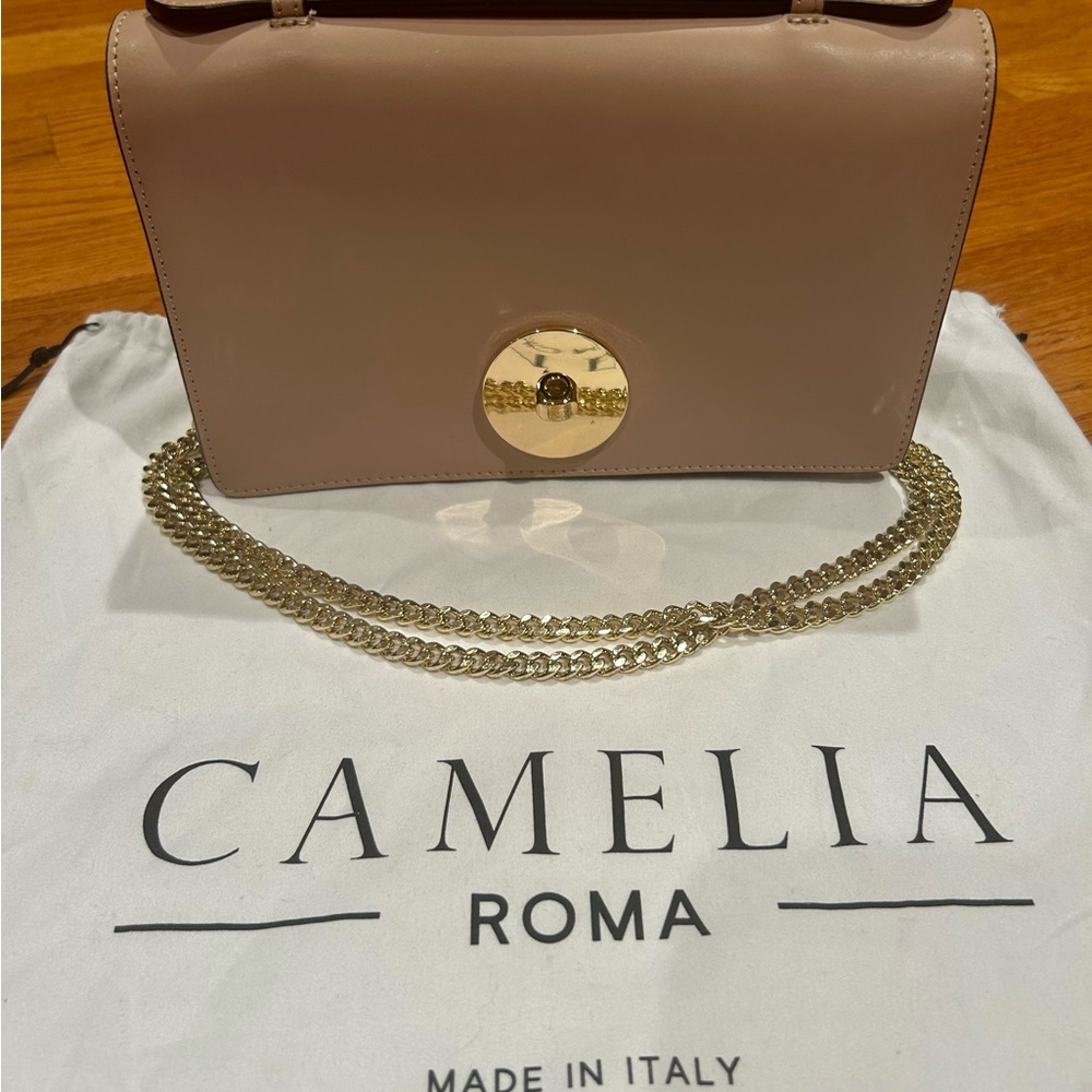 Camelia Roma- Blush Top Handle Crossbody Bag with Gold Chain